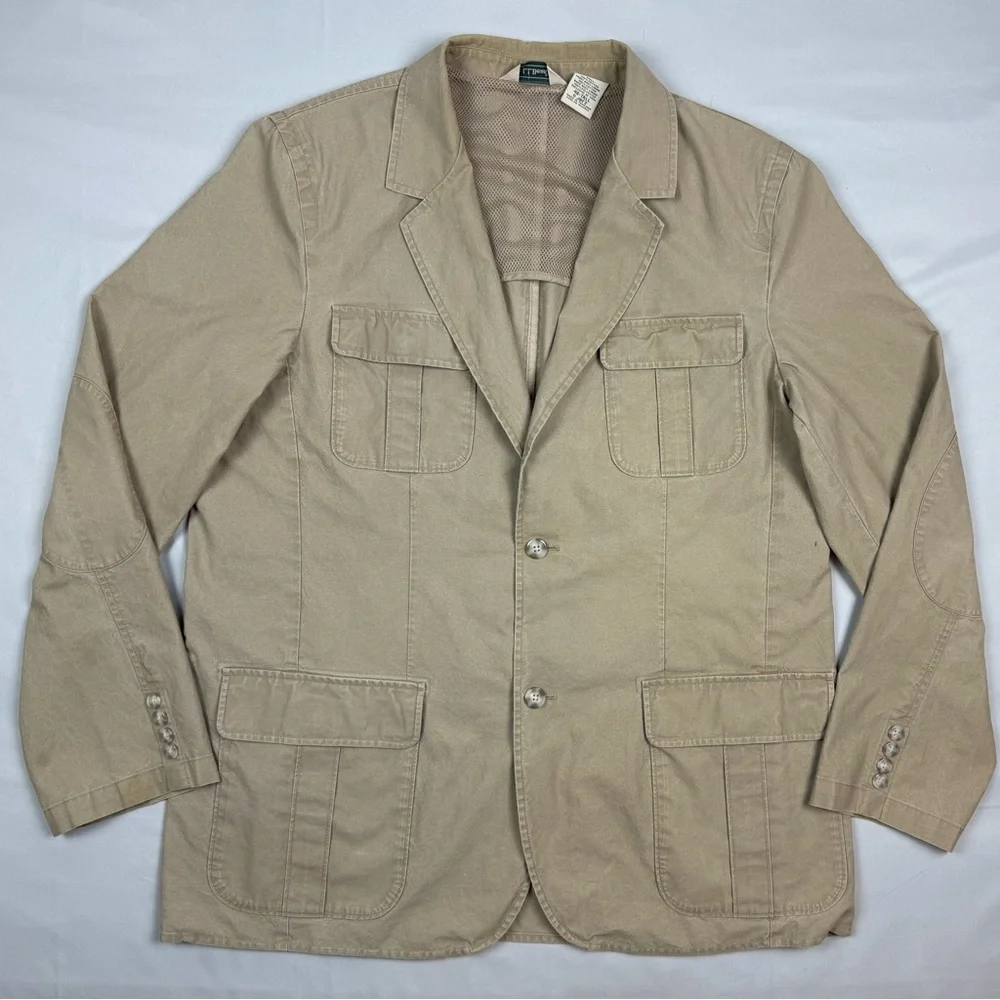 LL Bean Mens Safari Field Blazer Coat 46 Tall Khaki/Tan Utility 100% Cotton